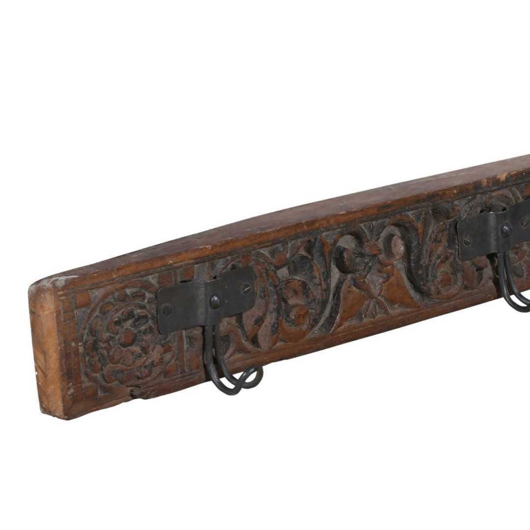 Antique Mahogany Brown Teak & Iron Coat Hook Panel, Vintage Indian Carved Wall Rack, 108cm photo for sale