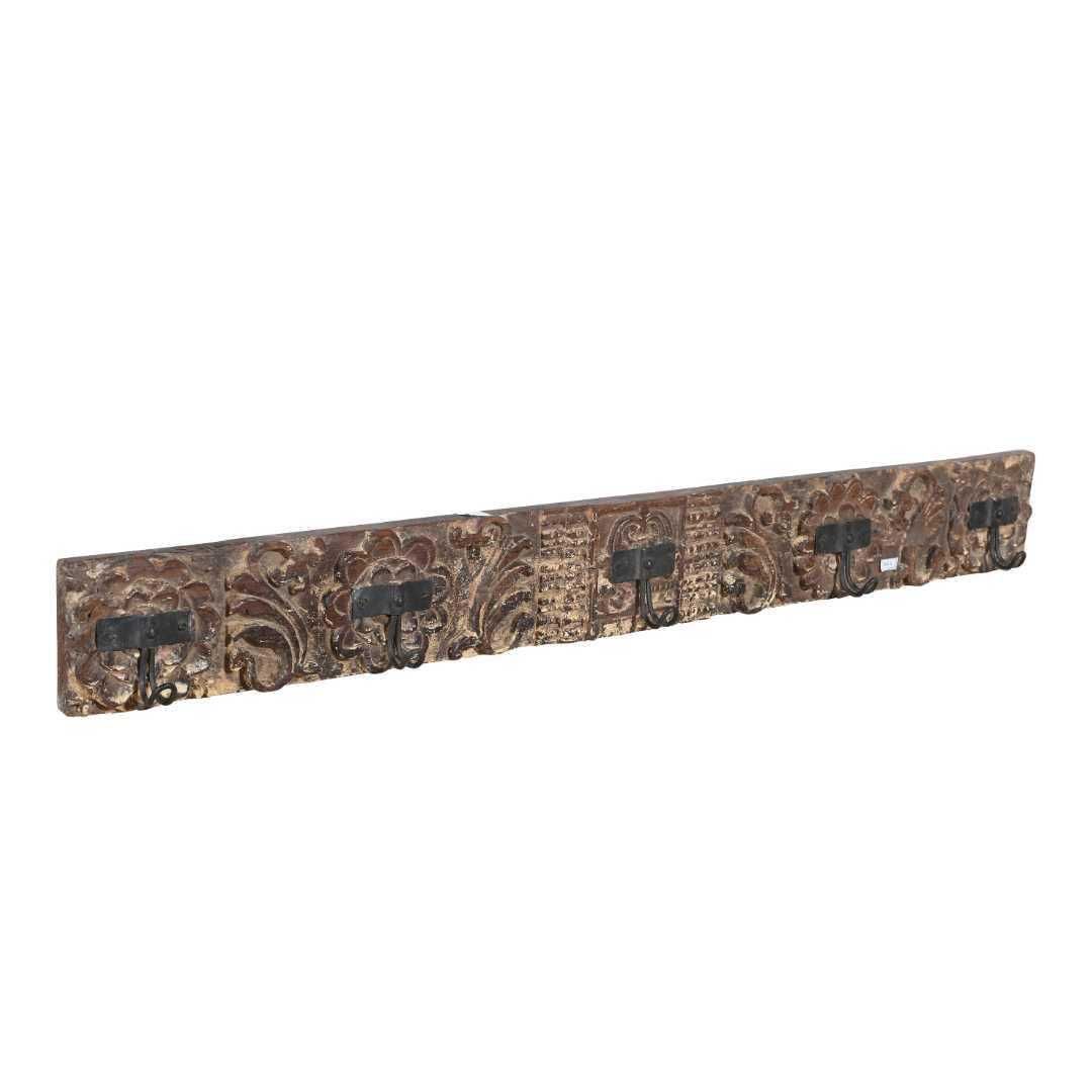 Antique Gilded Bronze & Ebony Teak Coat Hook Panel, Vintage Indian Carved Wall Rack, 123cm