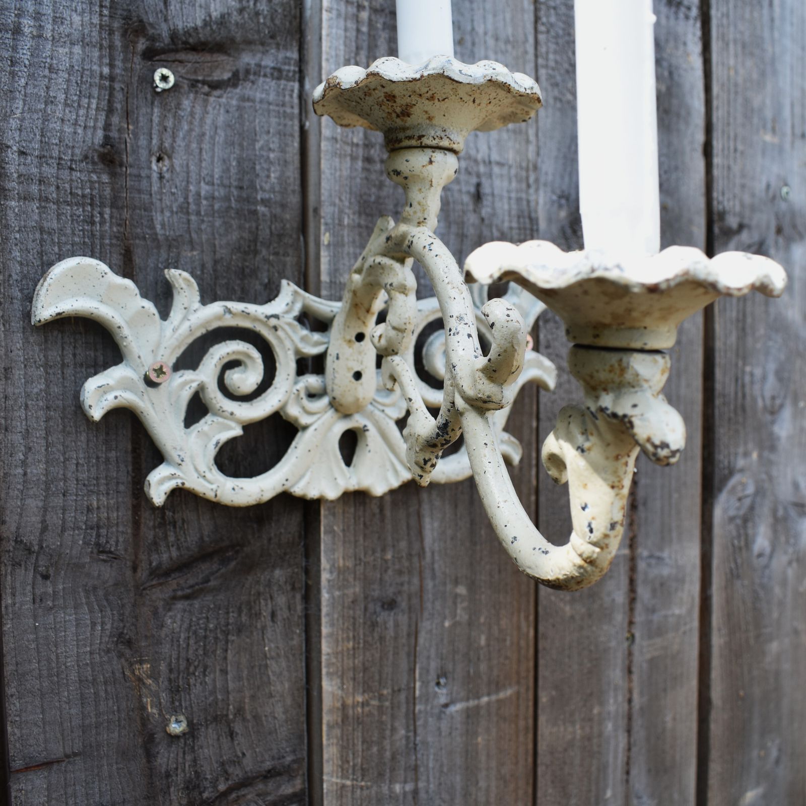 Antique Style Cast Iron White Painted Candle Holder Candlestick Garden Sconce photo for sale