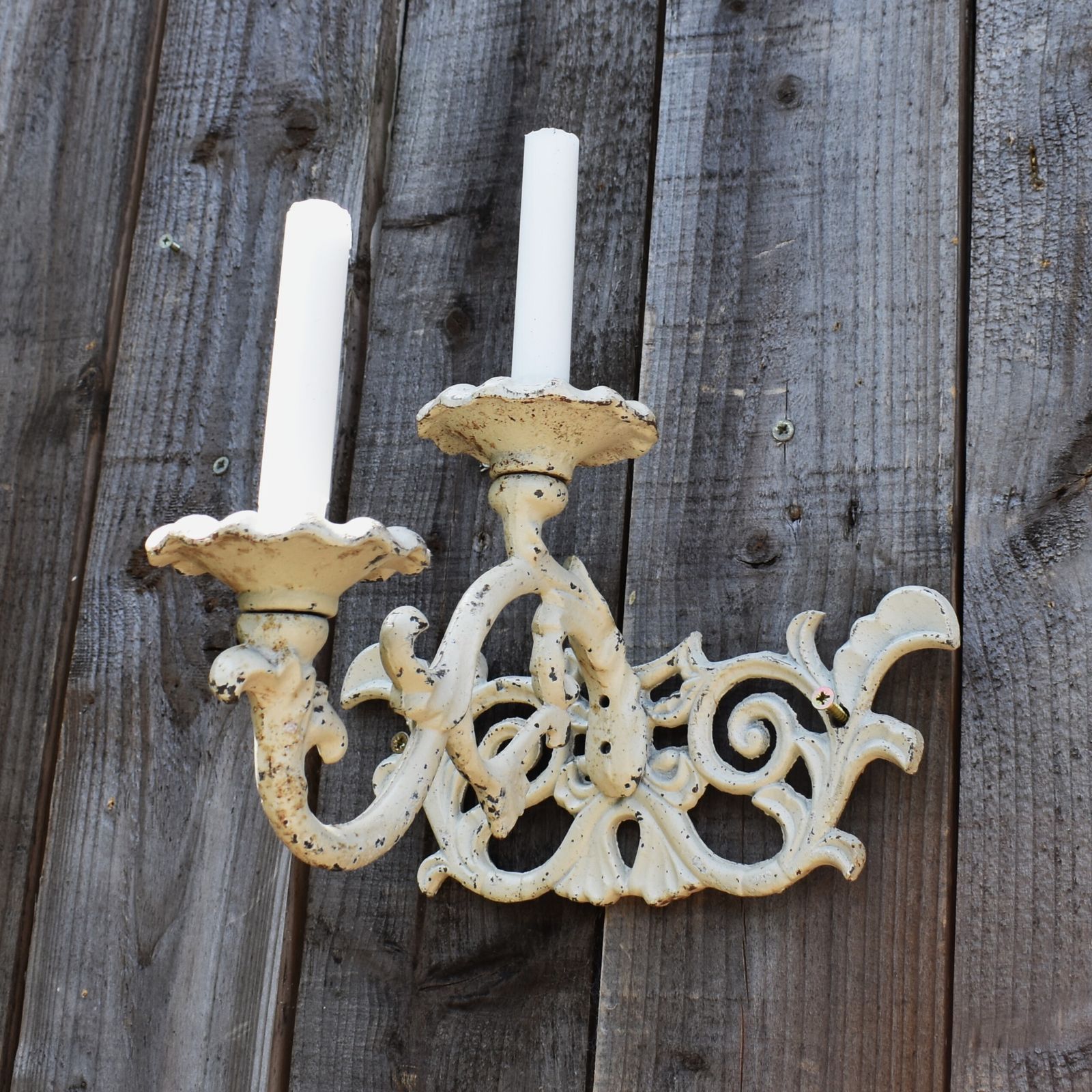 Antique Style Cast Iron White Painted Candle Holder Candlestick Garden Sconce photo vintage