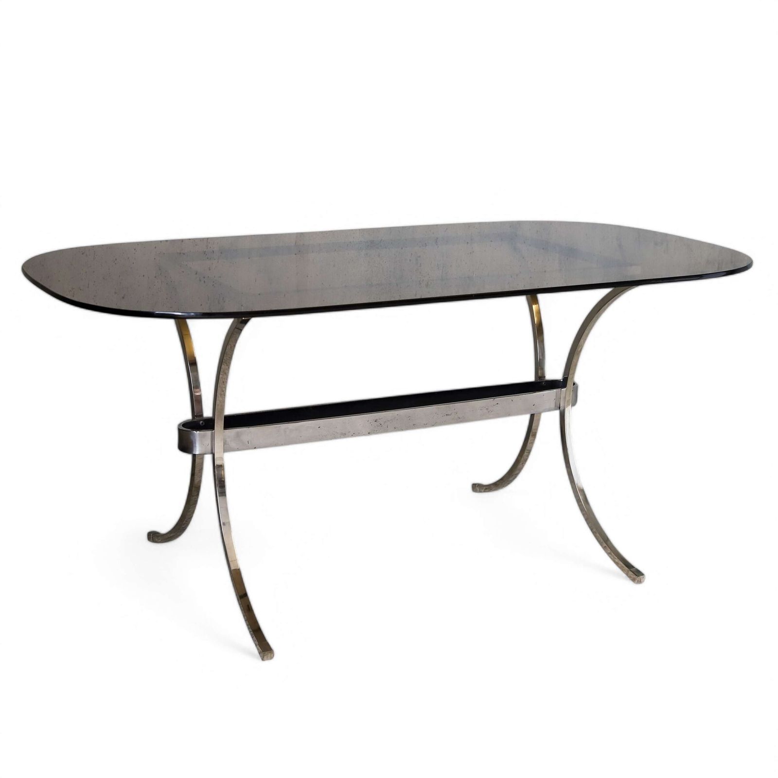 Vintage Table/Desk: Chrome Metal Base & Oval Ended Smoked Glass Top