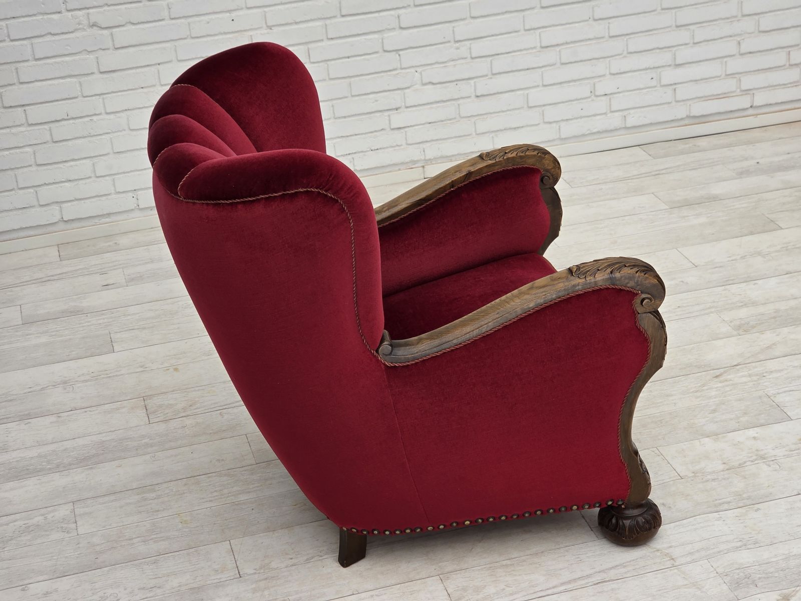 1960s, Danish Relax Chair, Cherry Red Furniture Velour, Oak Wood. photo vintage