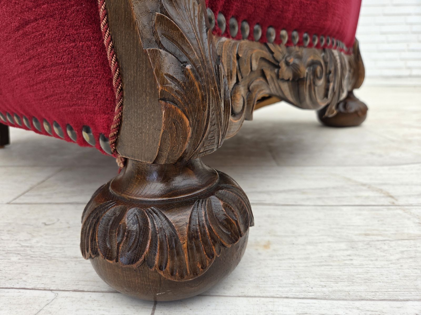 1750.0 1960s, Danish Relax Chair, Cherry Red Furniture Velour, Oak Wood. photo