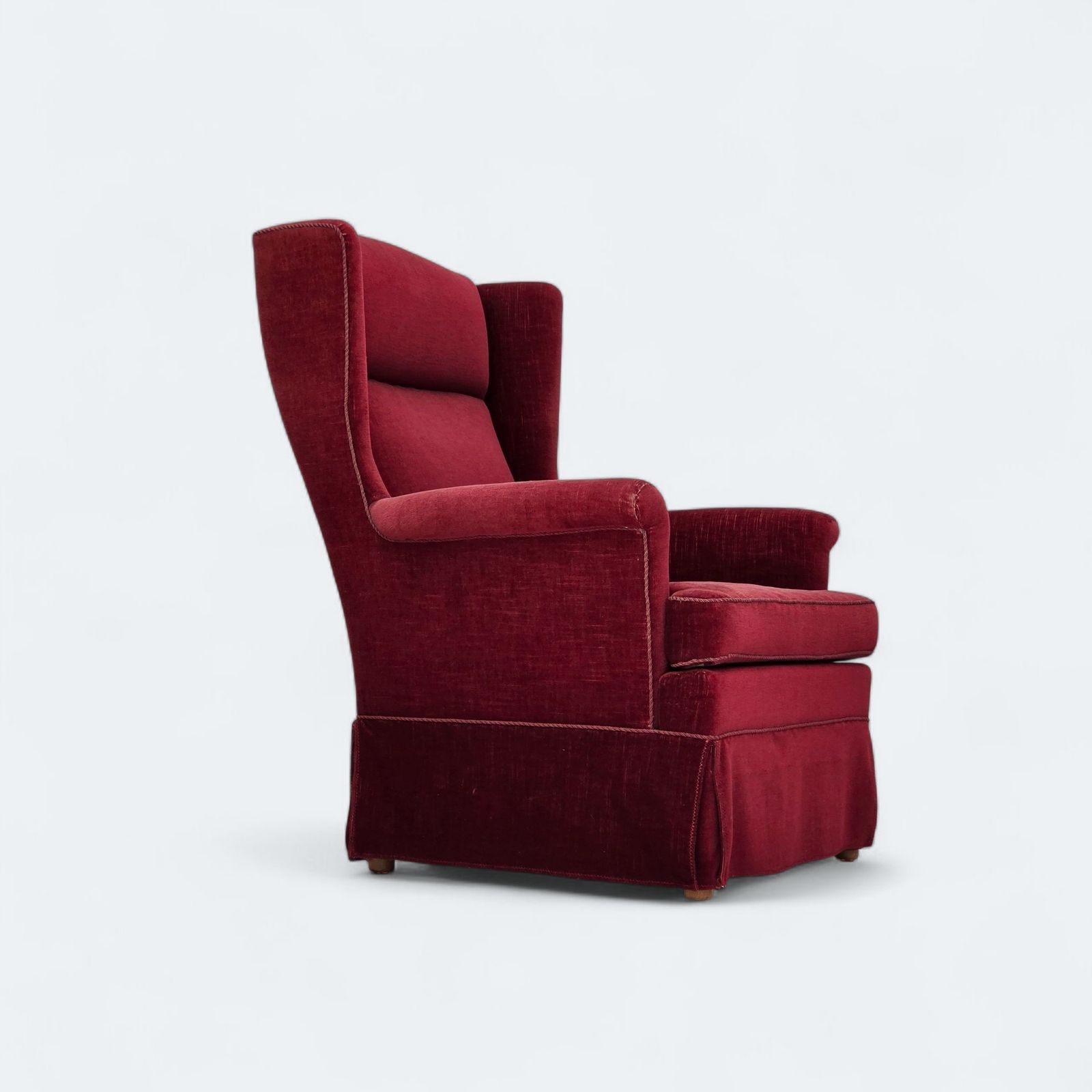 1970s, Danish Highback Chair, Cherry Red Furniture Velour, Ash Wood Legs.