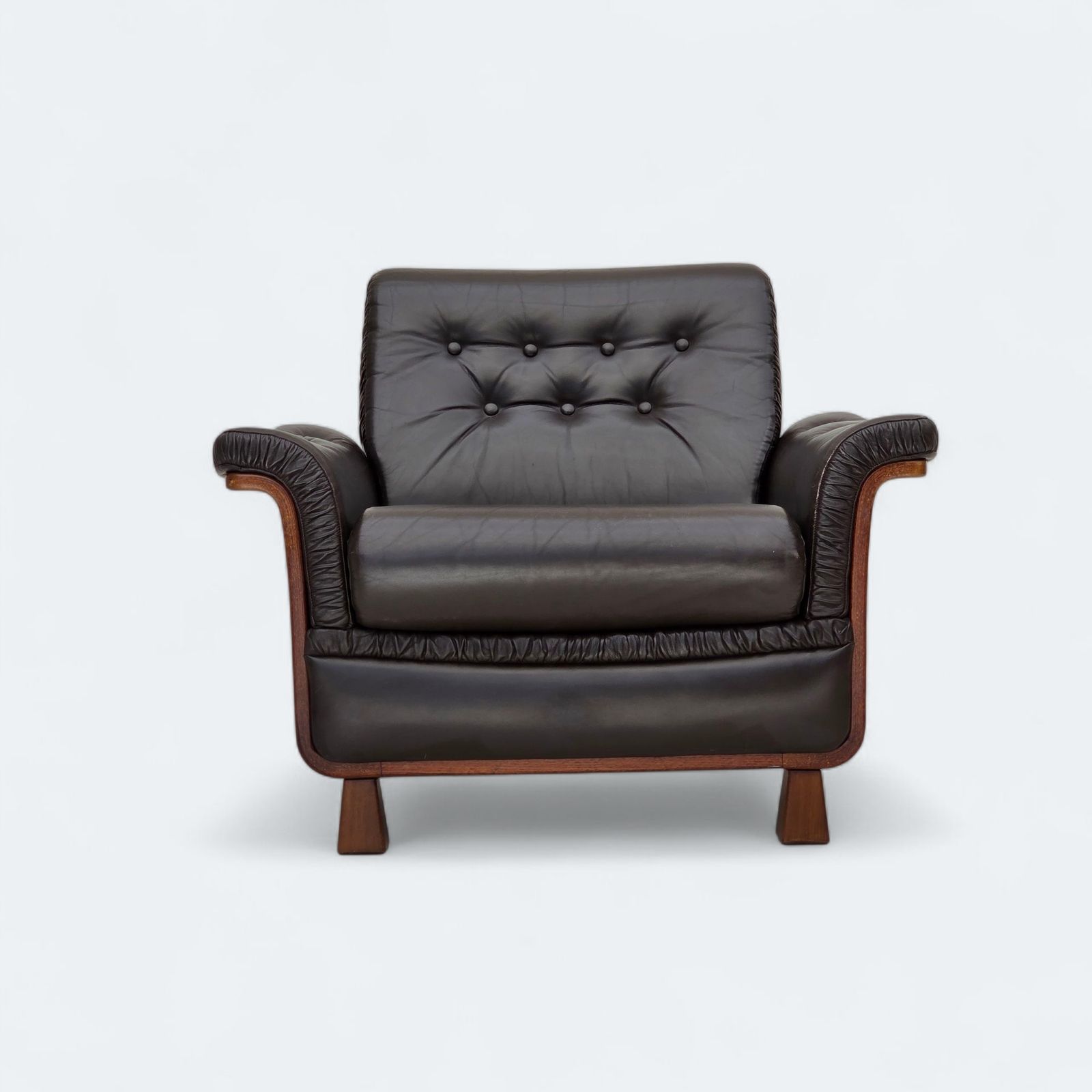 1970s, Scandinavian Armchair, Brown Furniture Leather, Teak Wood Legs.