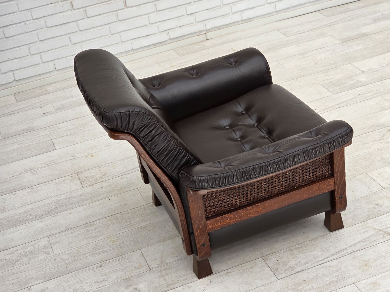 1970s, Scandinavian Armchair, Brown Furniture Leather, Teak Wood Legs. photo 1050.0