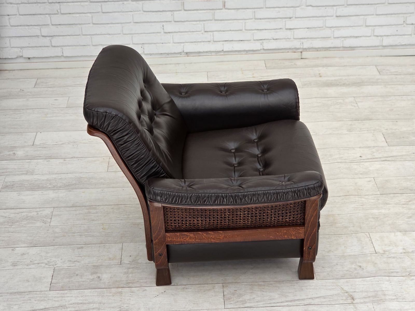 Furniture 1970s, Scandinavian Armchair, Brown Furniture Leather, Teak Wood Legs. photo