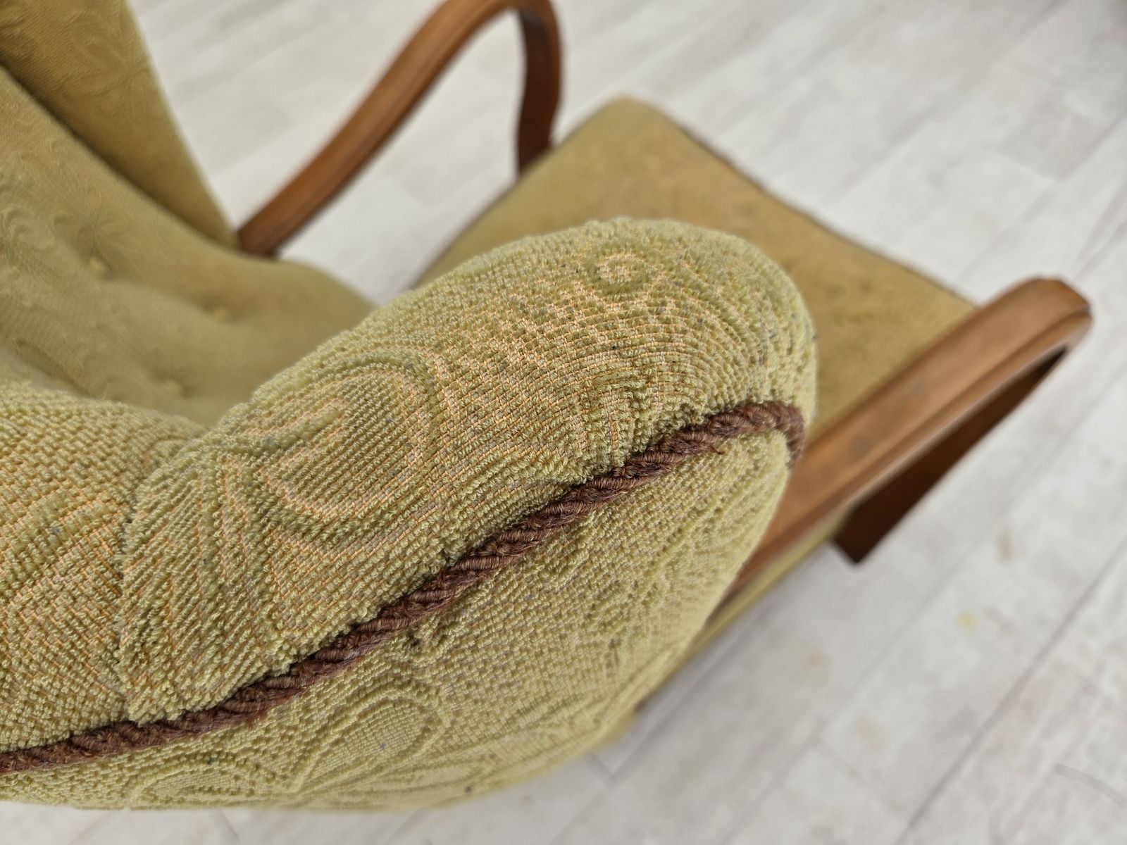 1960s, Danish Armchair, Light Green Furniture Velour, Beech Wood. photo Furniture
