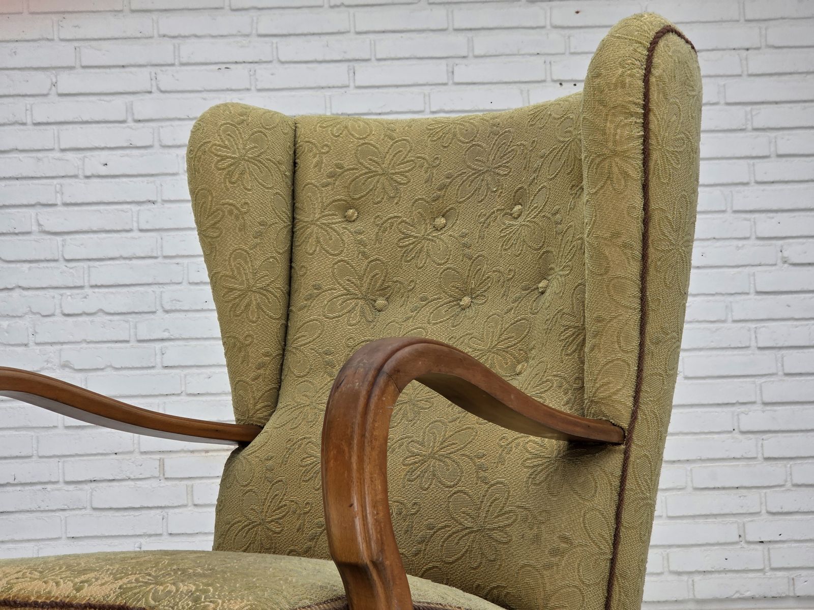 photo buy 1960s, Danish Armchair, Light Green Furniture Velour, Beech Wood.