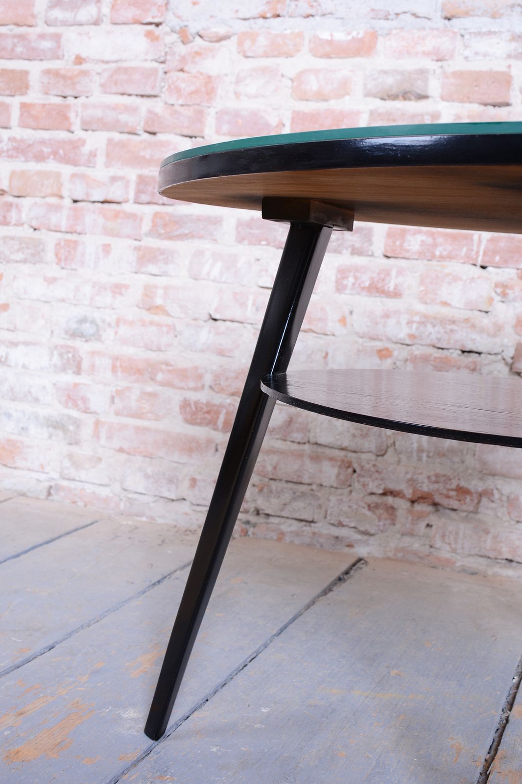 photo vintage Restored Mid  Century Coffee Table, Beech, Oak, Glass, Polish, Czech, 1950s