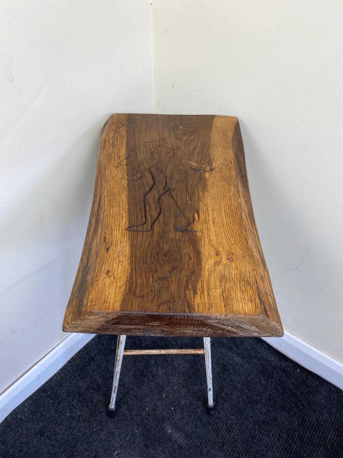 Unusual And Unique Display Stand Or Side Table With Natural Wood Slab Top Carved With The Giant Of Cerne Abbas