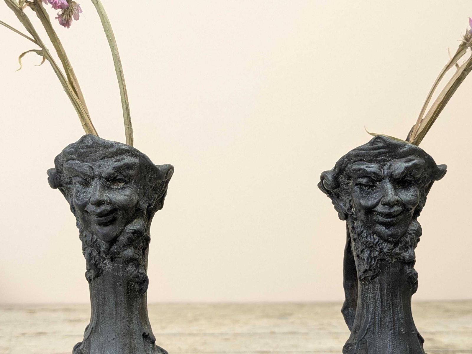 Antique Sylvain Kinsburger Art Nouveau Vases Pair French Satyr Faun Head Figural Sculptural Spelter Metal Mythological Castle Chateau Decor photo for sale