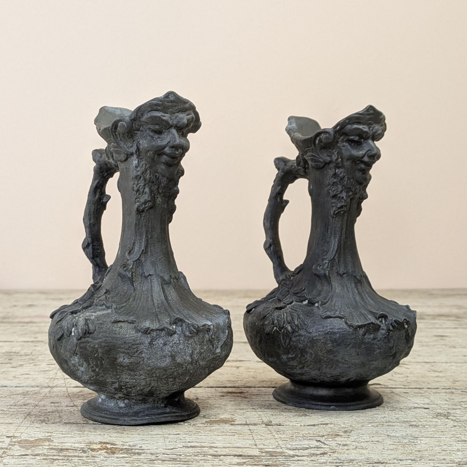 Antique Sylvain Kinsburger Art Nouveau Vases Pair French Satyr Faun Head Figural Sculptural Spelter Metal Mythological Castle Chateau Decor photo vintage