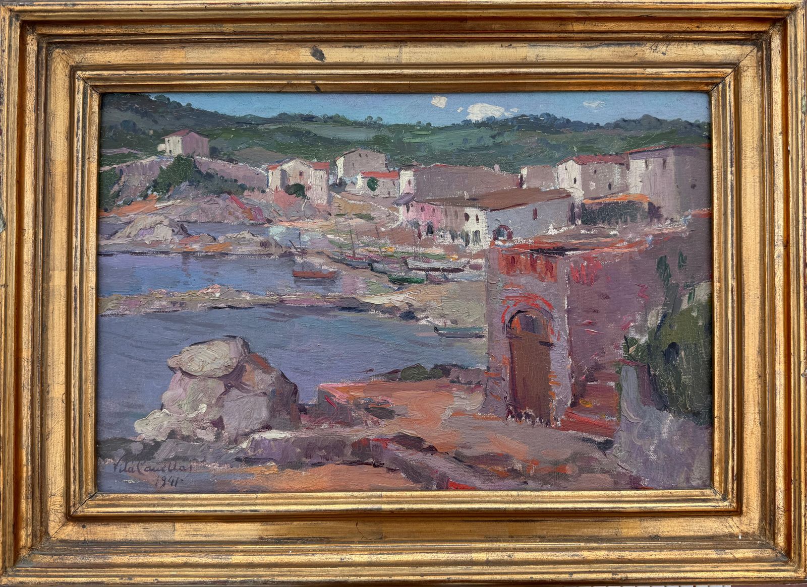 José María Vila Cañellas Costa Brava Oil On Canvas Painting Spain Mediterranean Art 1941 photo furniture