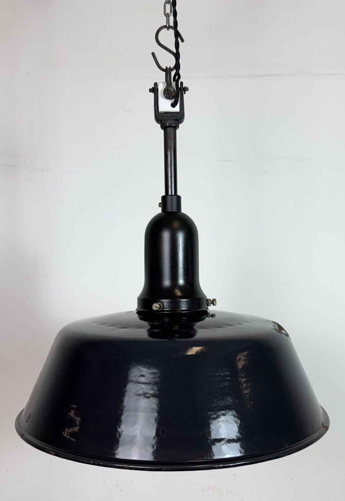 Industrial Black Enamel Factory Lamp With Porcelain Top, 1950s photo for sale
