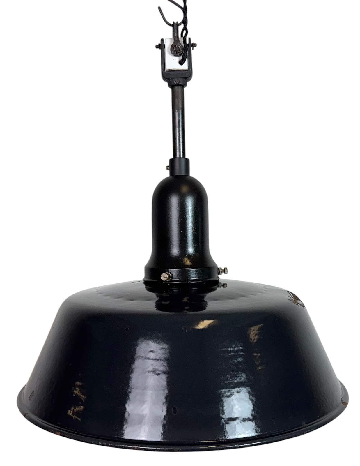 Industrial Black Enamel Factory Lamp With Porcelain Top, 1950s