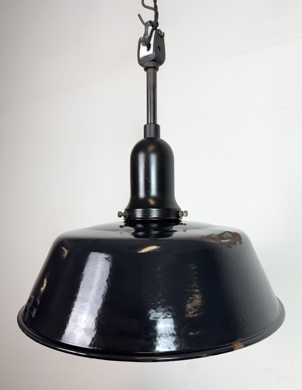 Industrial Black Enamel Factory Lamp With Porcelain Top, 1950s photo Lighting