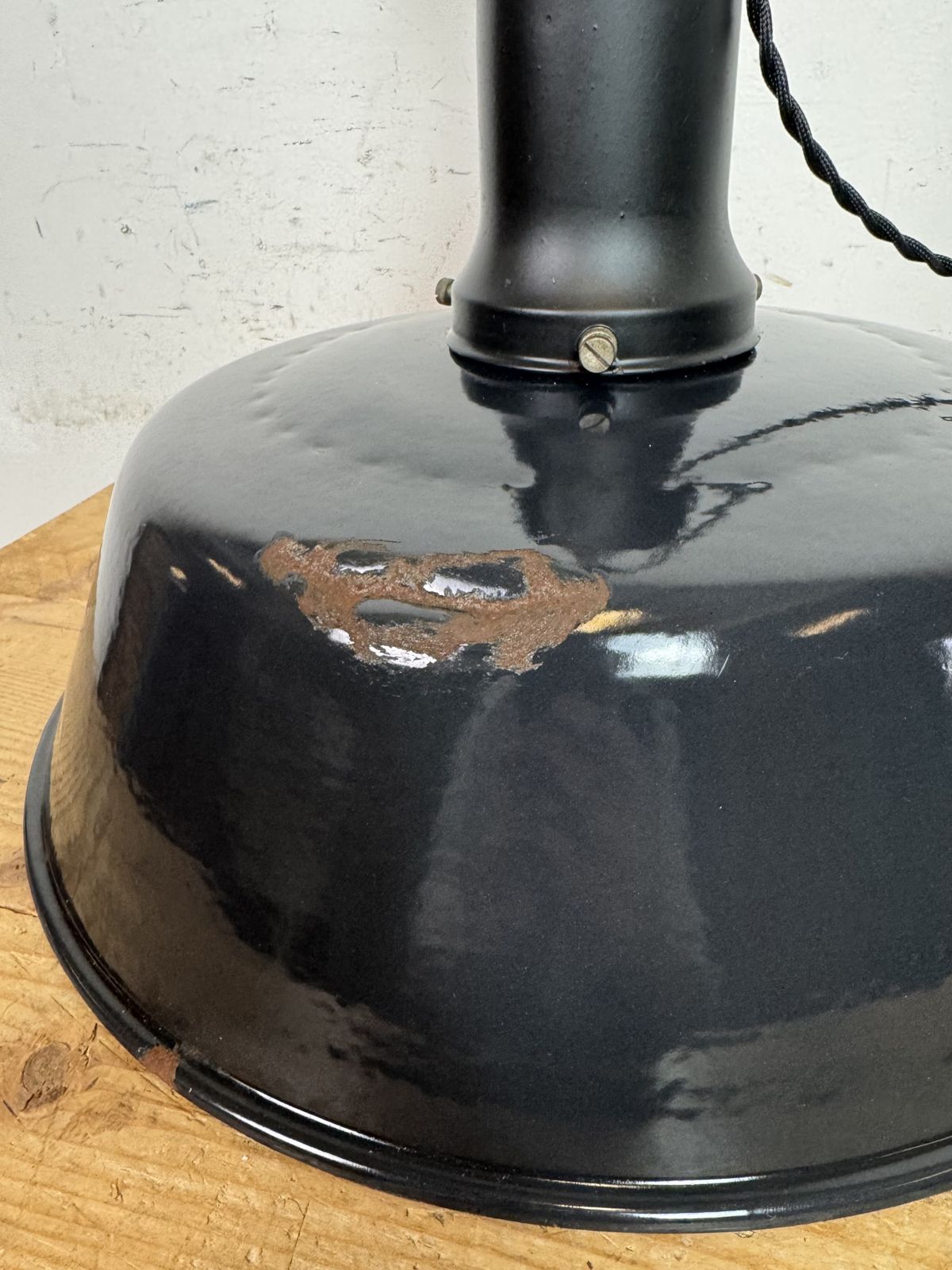 photo buy Industrial Black Enamel Factory Lamp With Porcelain Top, 1950s