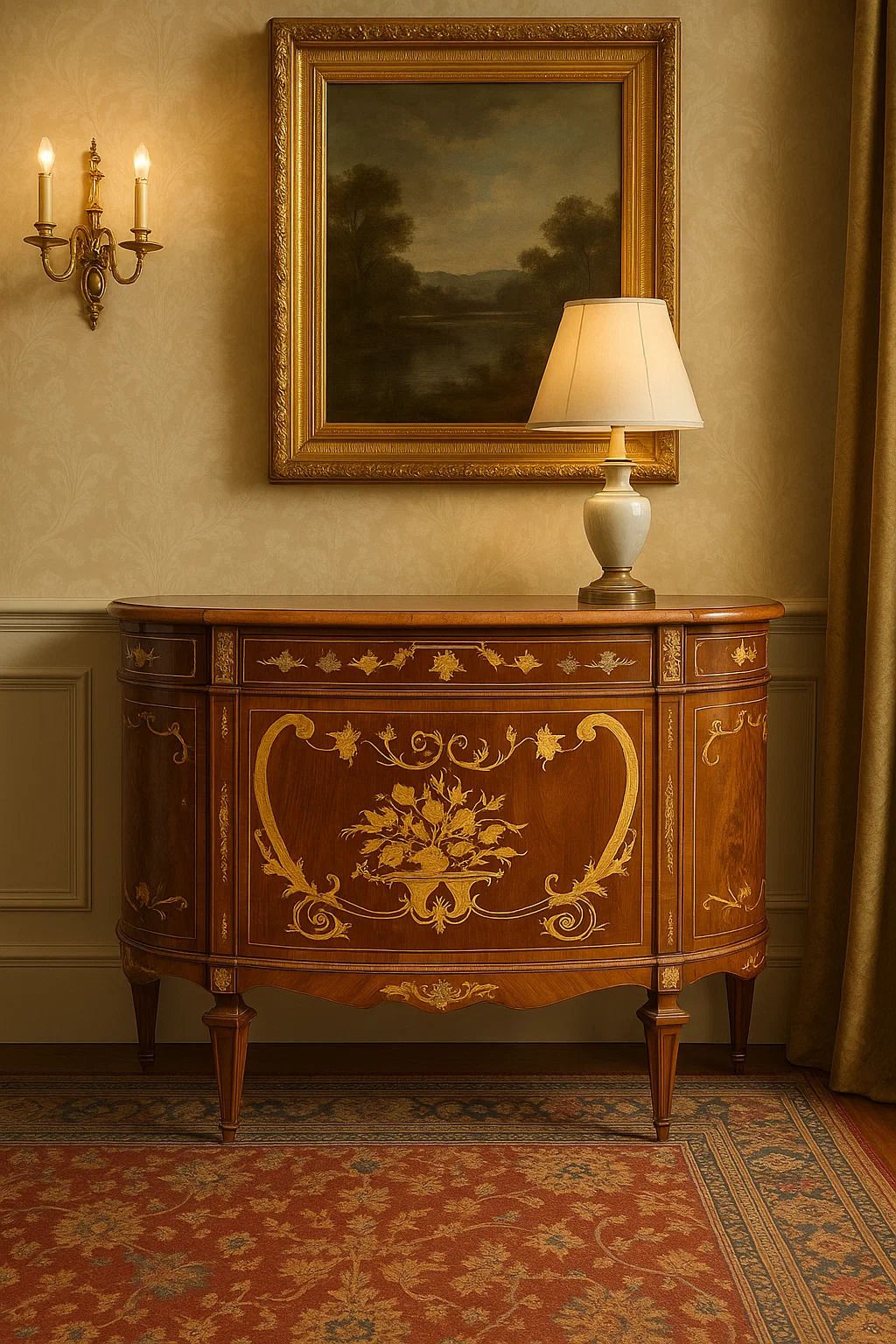 Antique French Marquetry Oval Sideboard | Early 20th Century | Handcrafted Wood Inlay photo for sale