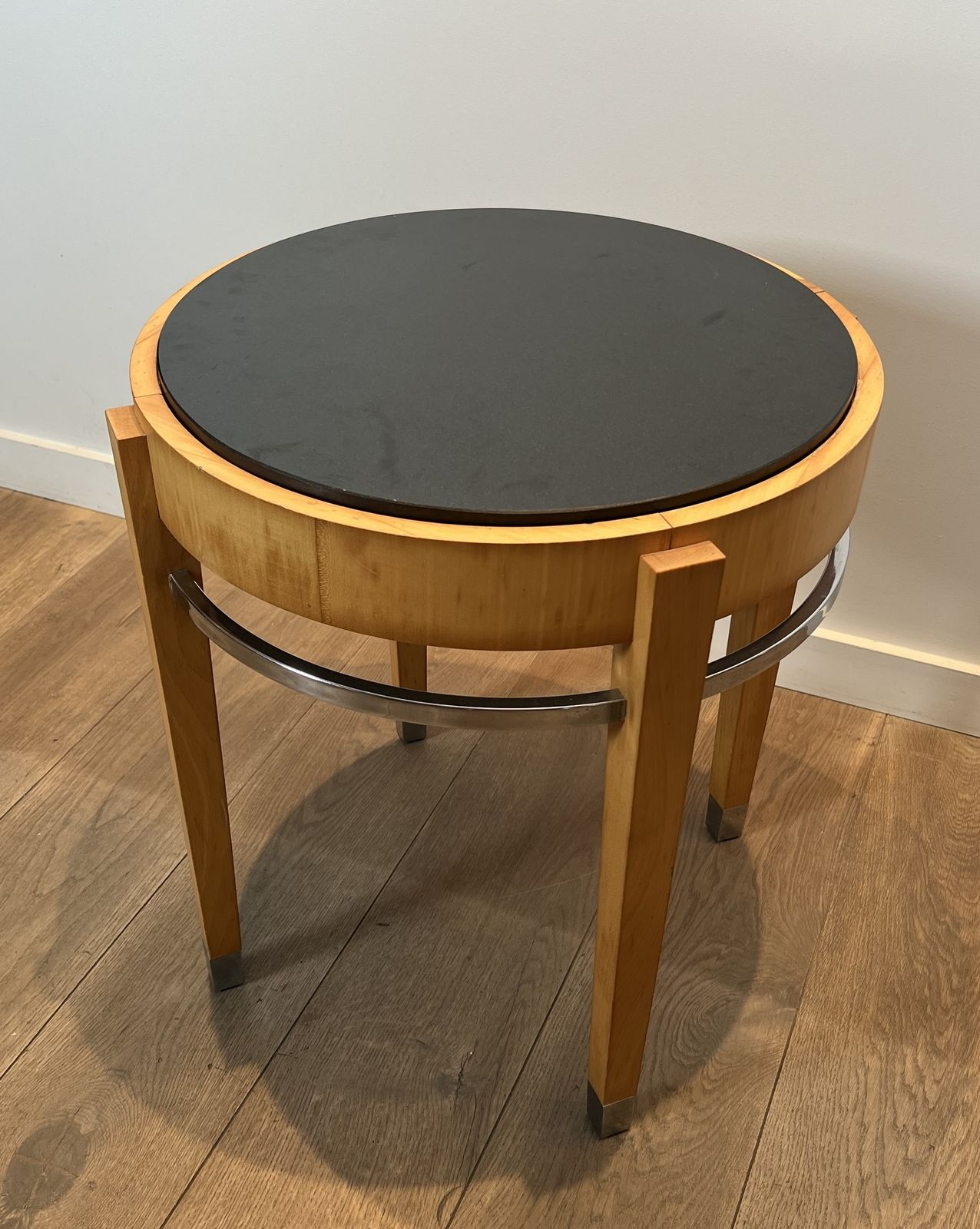 Sycamore Veneer, Chrome And Marble Top Pedestal Table photo for sale