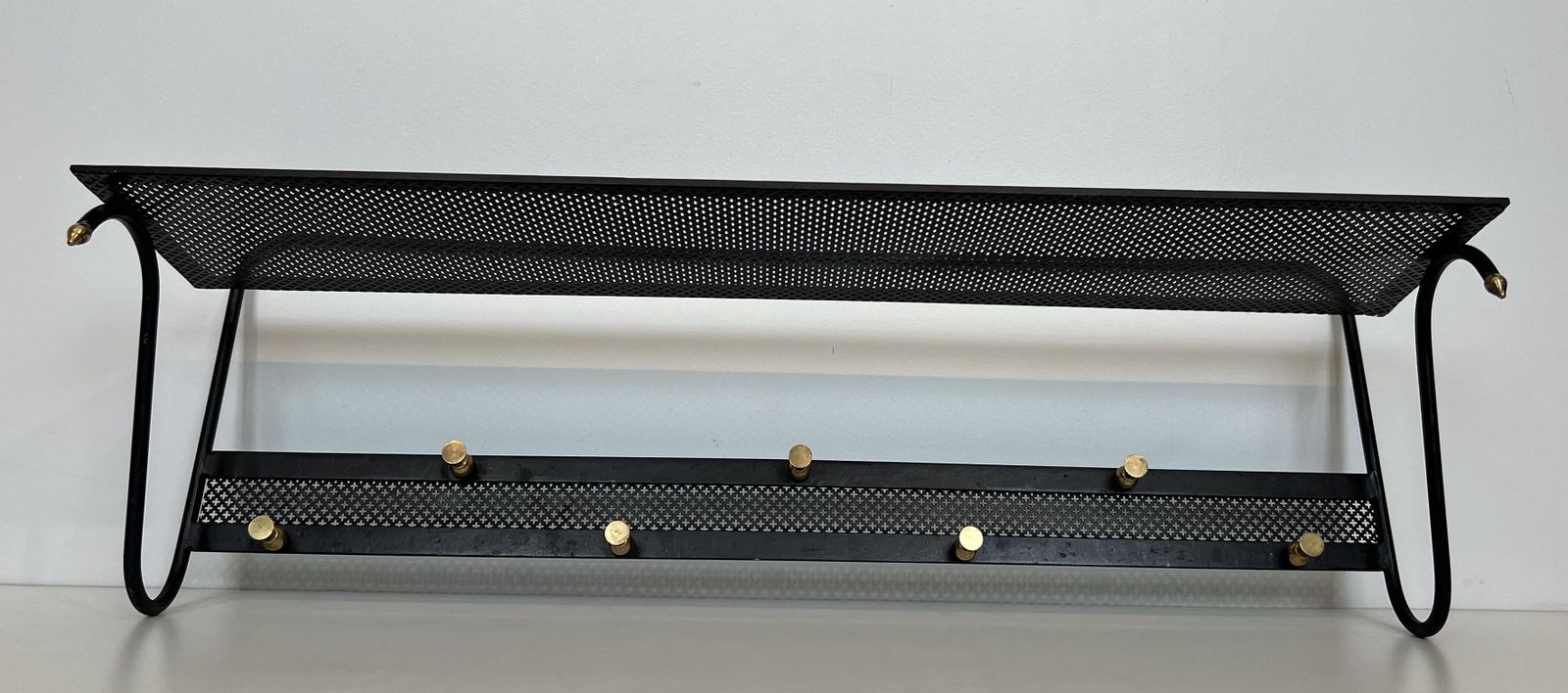 Coat Rack In Black Lacquered Metal, Perforated Sheet Metal And Brass In The Style Of Mathieu Matégot