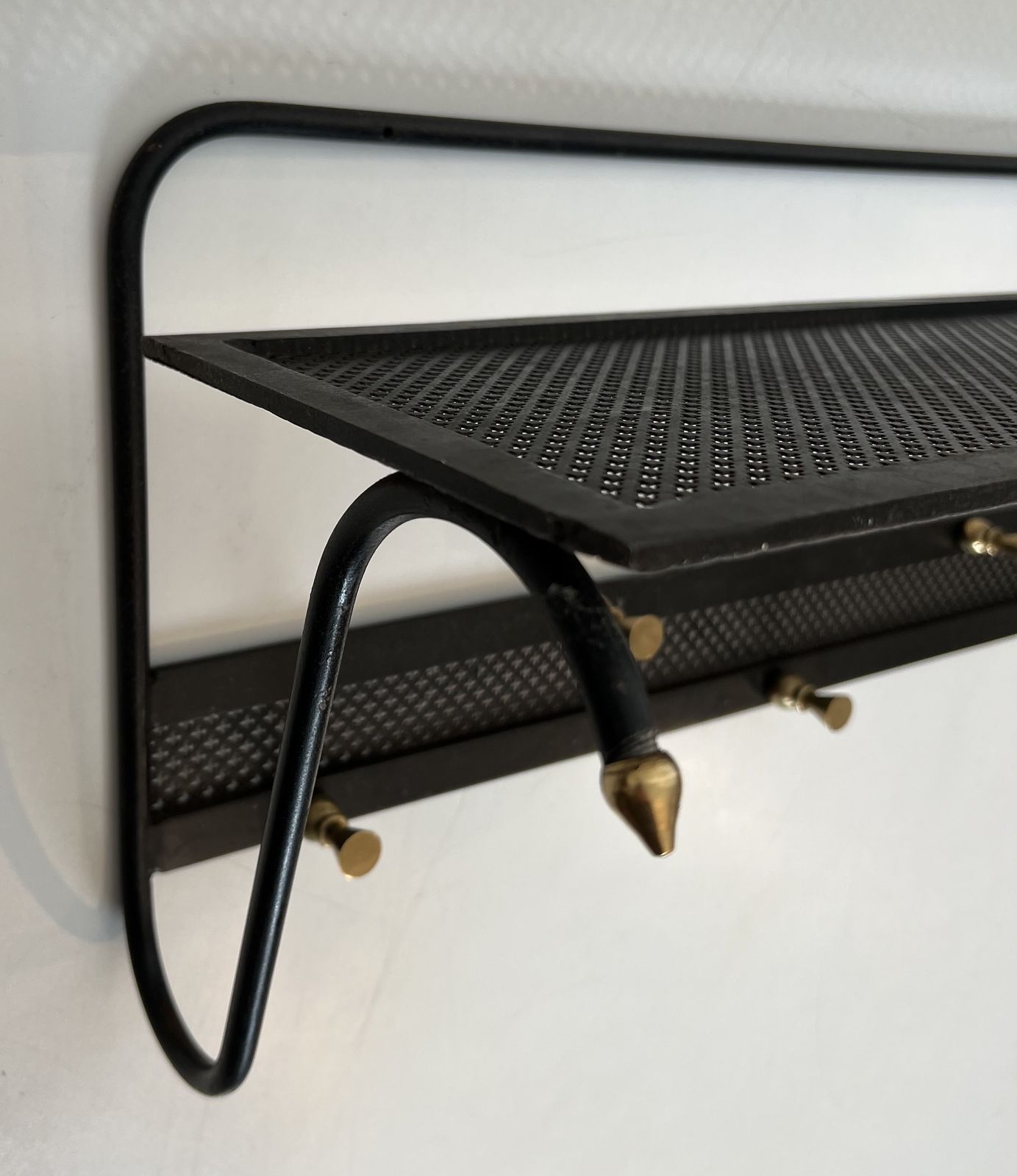 Coat Rack In Black Lacquered Metal, Perforated Sheet Metal And Brass In The Style Of Mathieu Matégot photo 1950.0