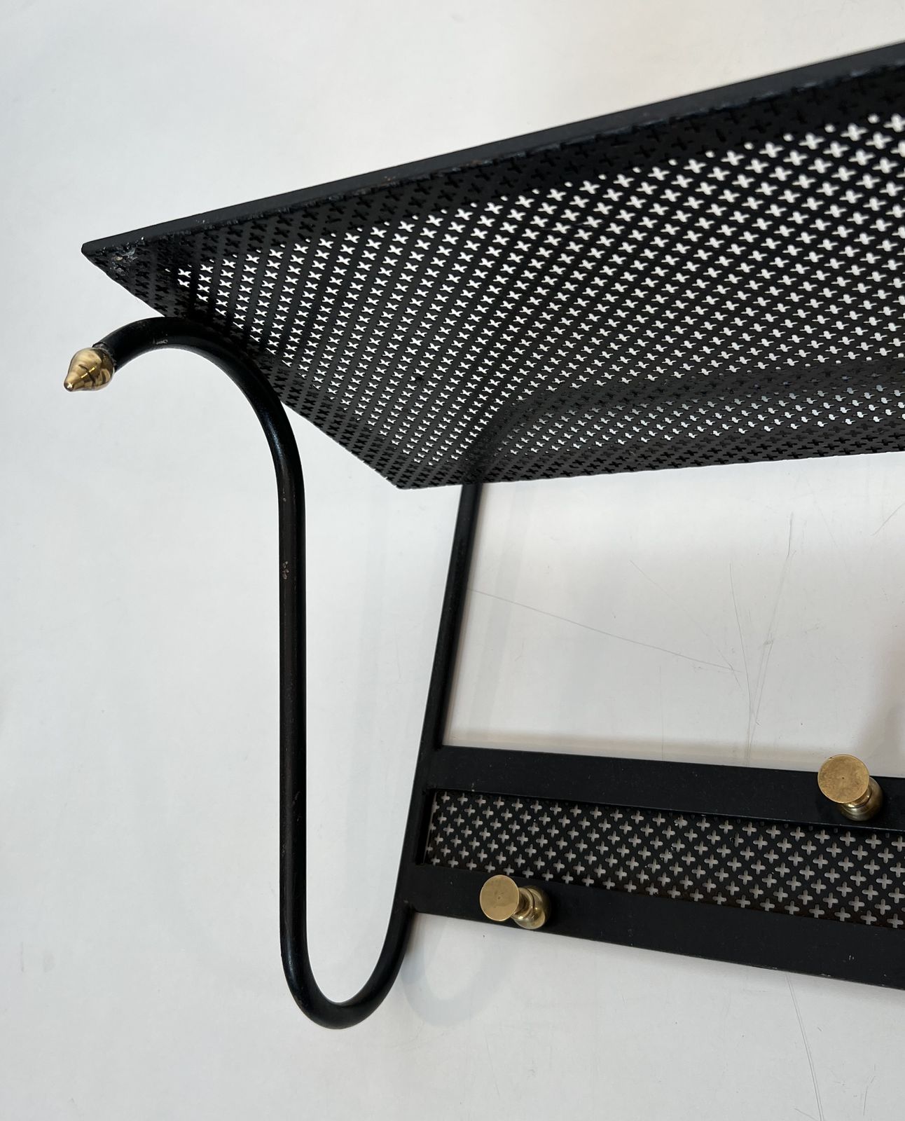Coat Rack In Black Lacquered Metal, Perforated Sheet Metal And Brass In The Style Of Mathieu Matégot photo vinterior