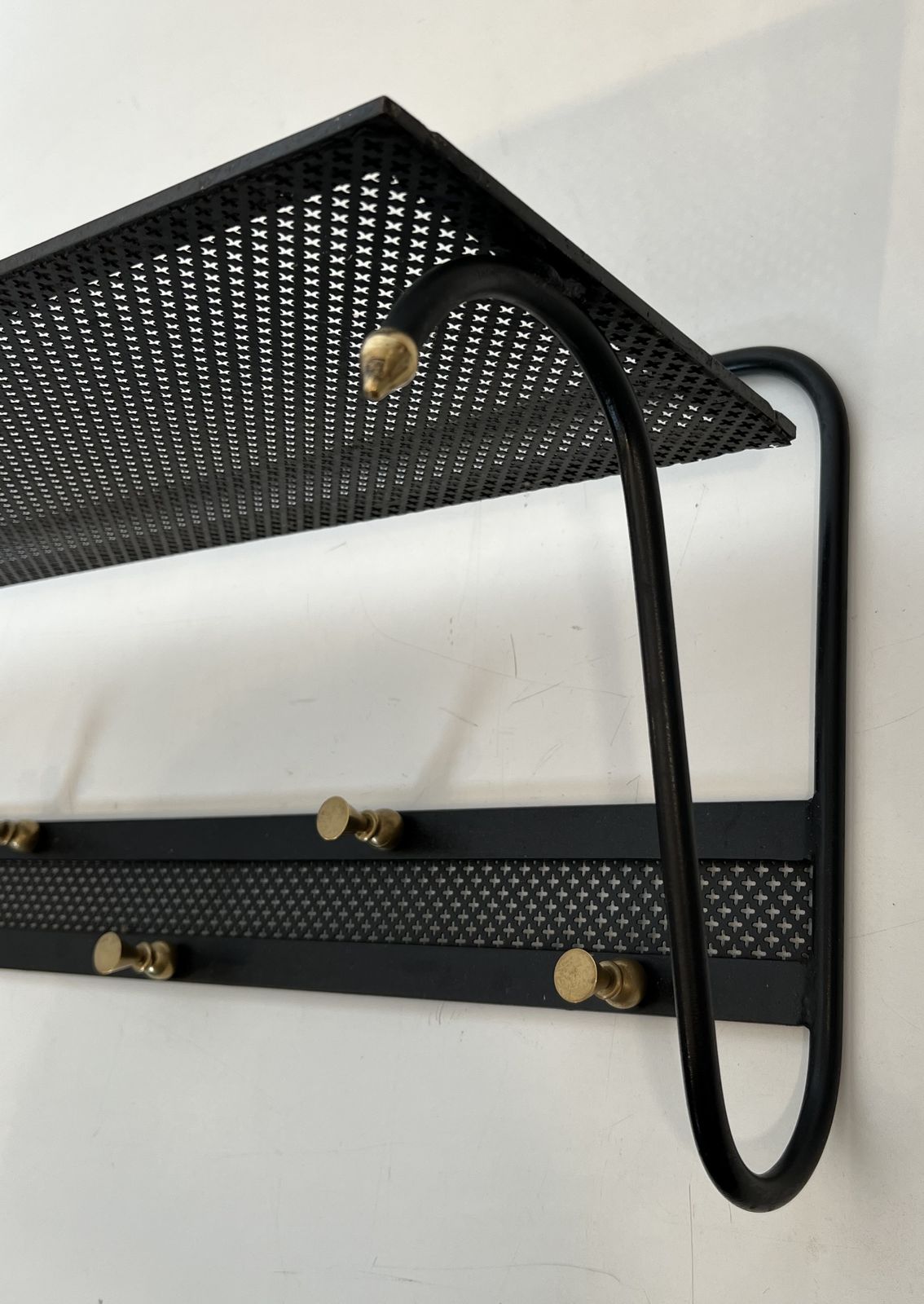 Furniture Coat Rack In Black Lacquered Metal, Perforated Sheet Metal And Brass In The Style Of Mathieu Matégot photo