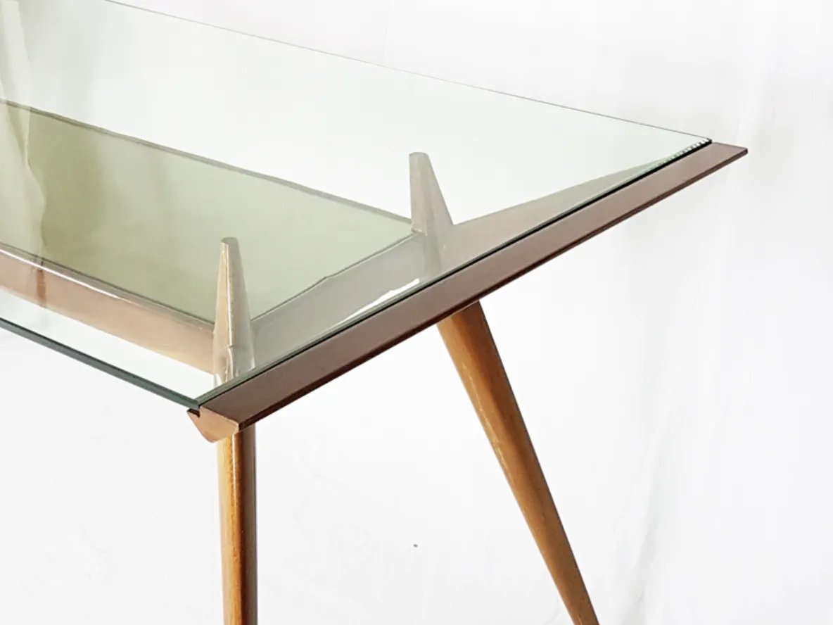 Furniture Mid Century Italian Modern Beech Wood And Glass Dining Table From Isa, 1950s photo