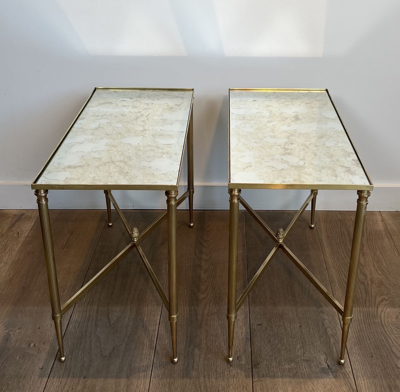 Pair Of Antique Brass Mirror Top End Tables From Maison Jansen photo buy