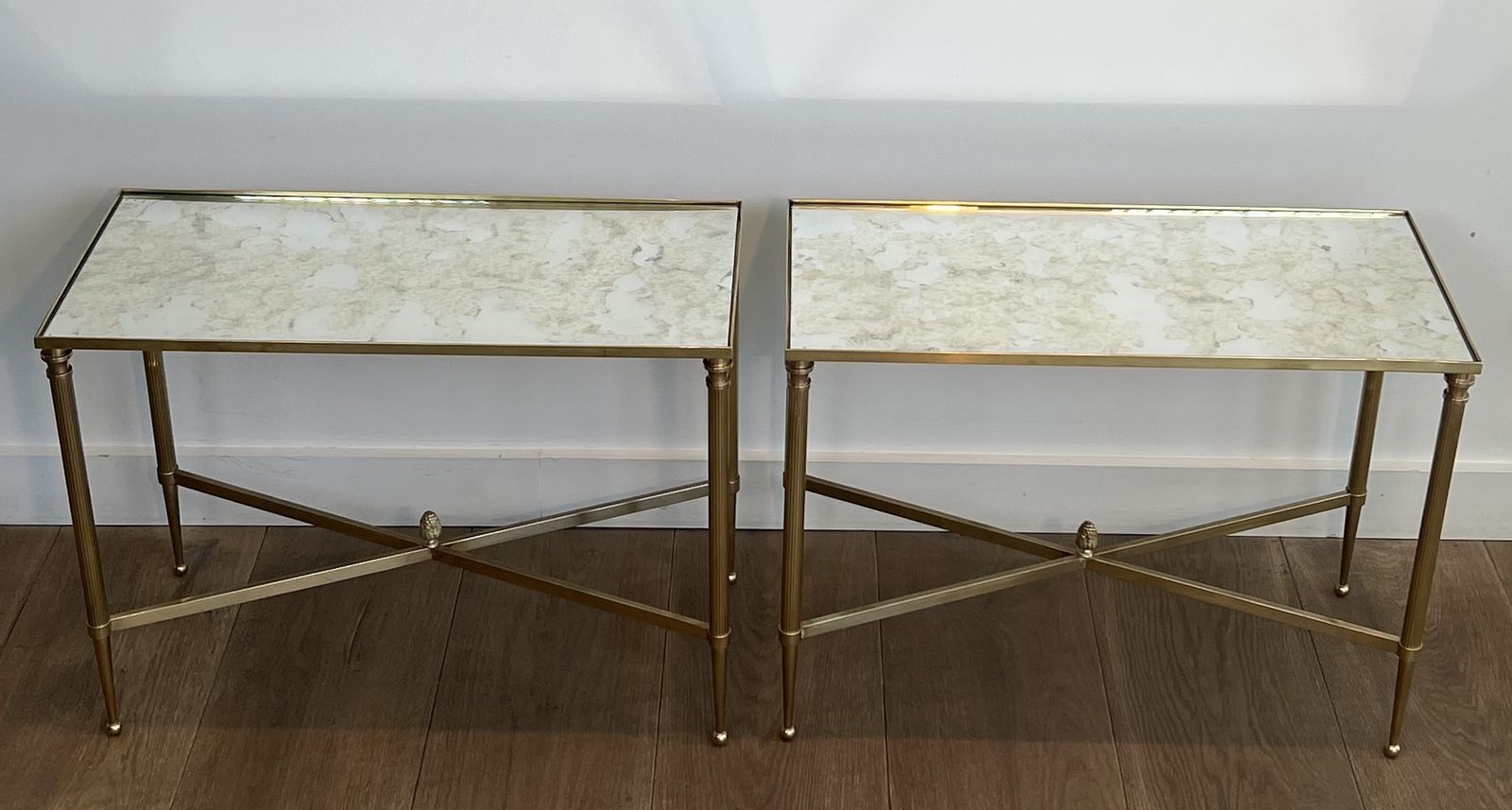 3950.0 Pair Of Antique Brass Mirror Top End Tables From Maison Jansen photo