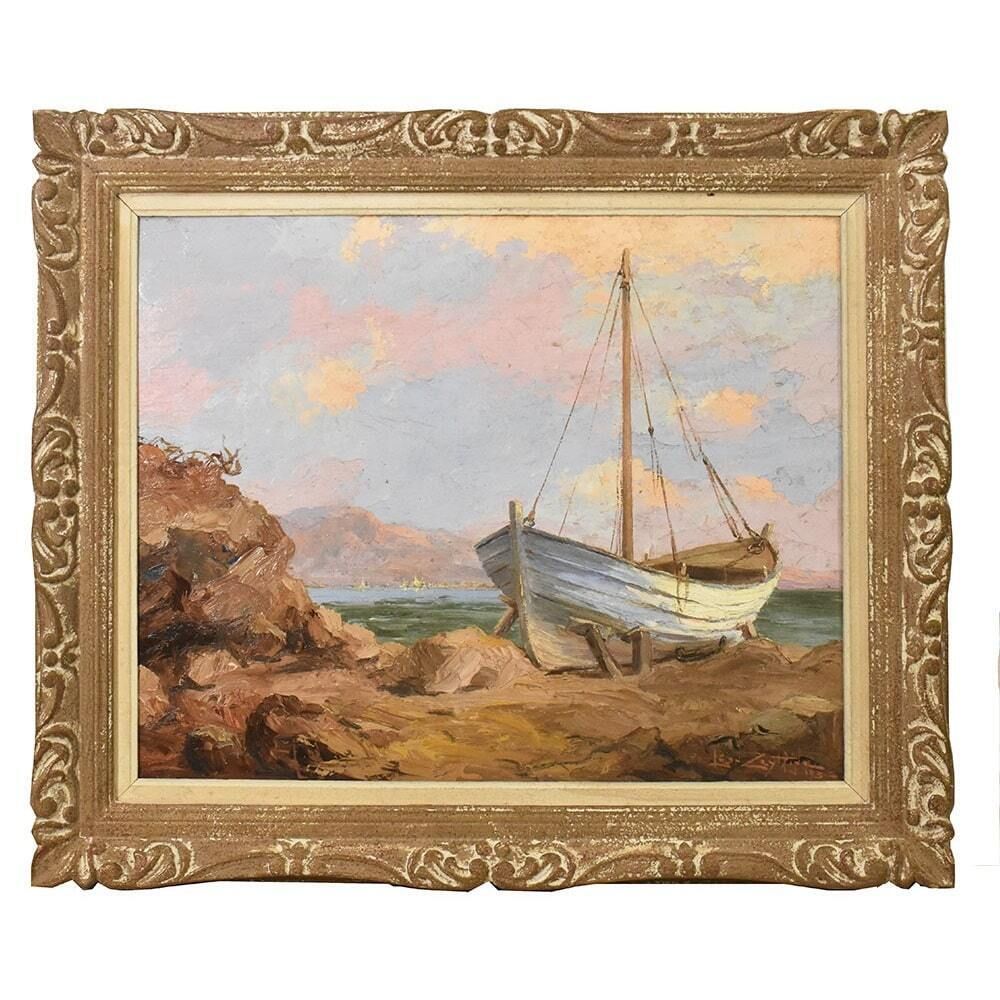 Marine Painting, Cote Azur Painting, Seascape Painting With A White Boat, Early 20th Century. (Qm520)