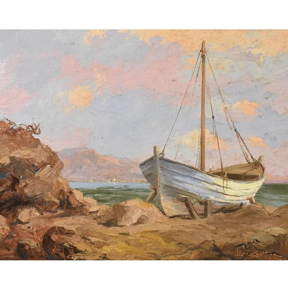 Marine Painting, Cote Azur Painting, Seascape Painting With A White Boat, Early 20th Century. (Qm520) photo furniture