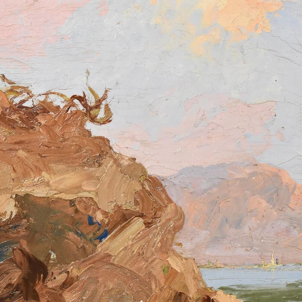 Marine Painting, Cote Azur Painting, Seascape Painting With A White Boat, Early 20th Century. (Qm520) photo vinterior