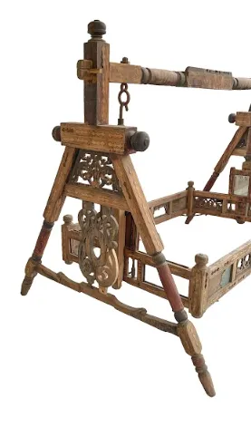 1930s Antique Teakwood Baby Cradle Swing – Handcrafted Kutch Heirloom With Painted Panels photo furniture