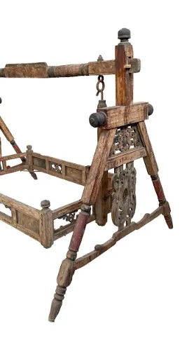 1930s Antique Teakwood Baby Cradle Swing – Handcrafted Kutch Heirloom With Painted Panels photo for sale