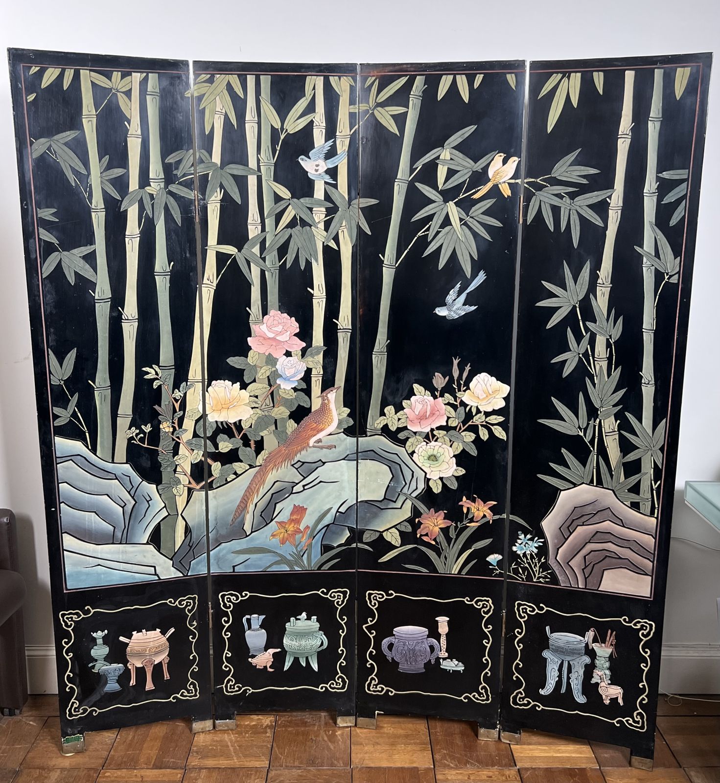 4800.0 Chinese Lacquer Screen With Bird And Bamboo Decorations. Chinese Work. Circa 1950 photo
