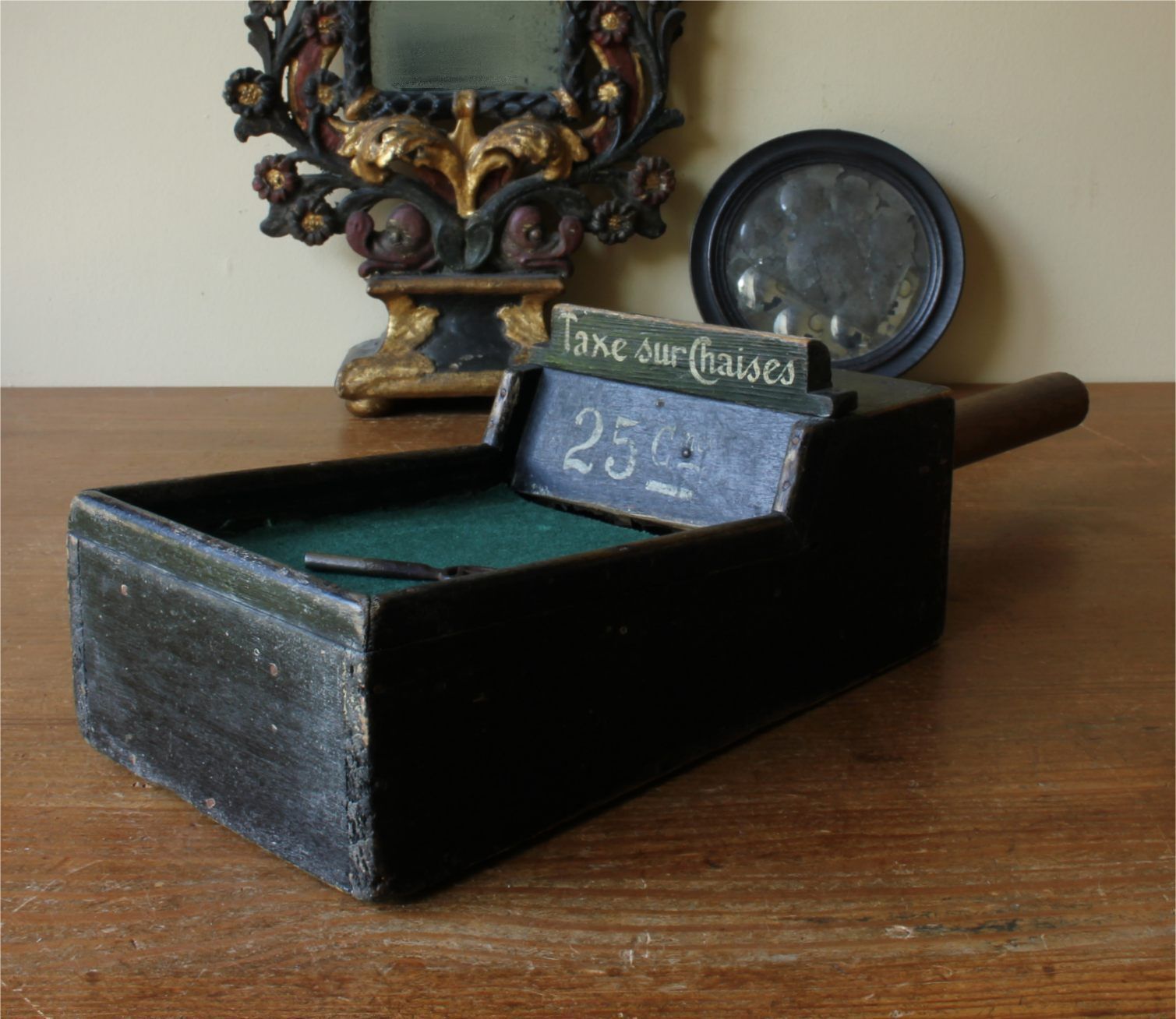 French Church Offering Box. Taxe Sur Chaises Collection Tray. Pew Rent. photo for sale
