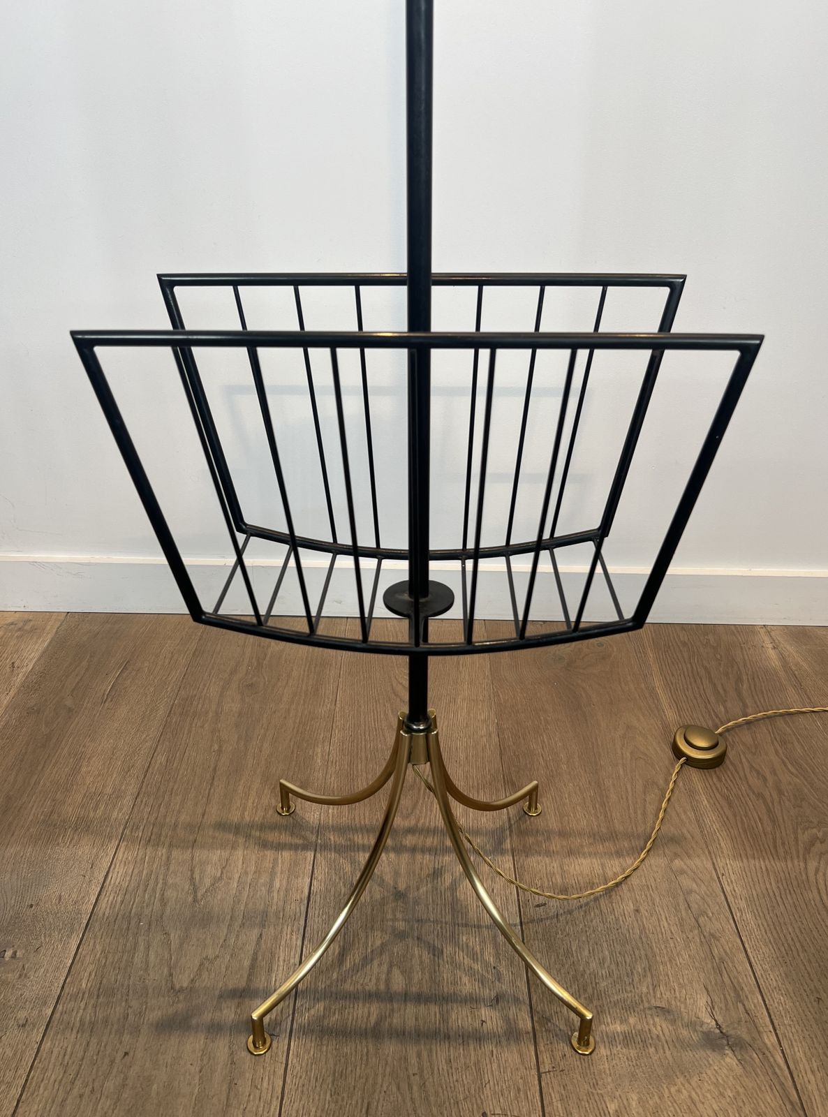Designer Floor Lamp In Black Lacquered Metal And Brass With Incorporating A Magazine Rack photo buy
