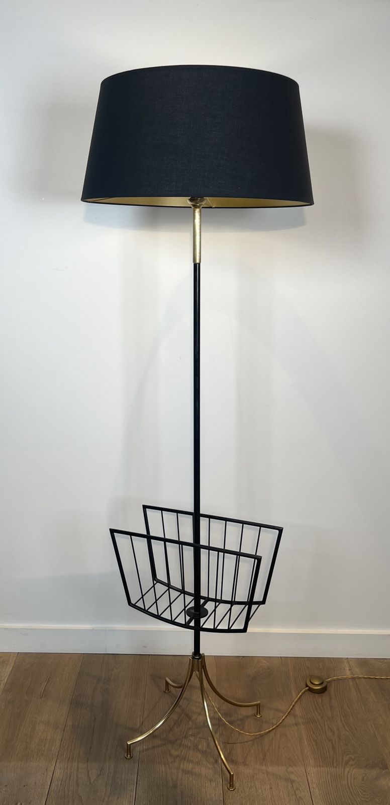 Lighting Designer Floor Lamp In Black Lacquered Metal And Brass With Incorporating A Magazine Rack photo