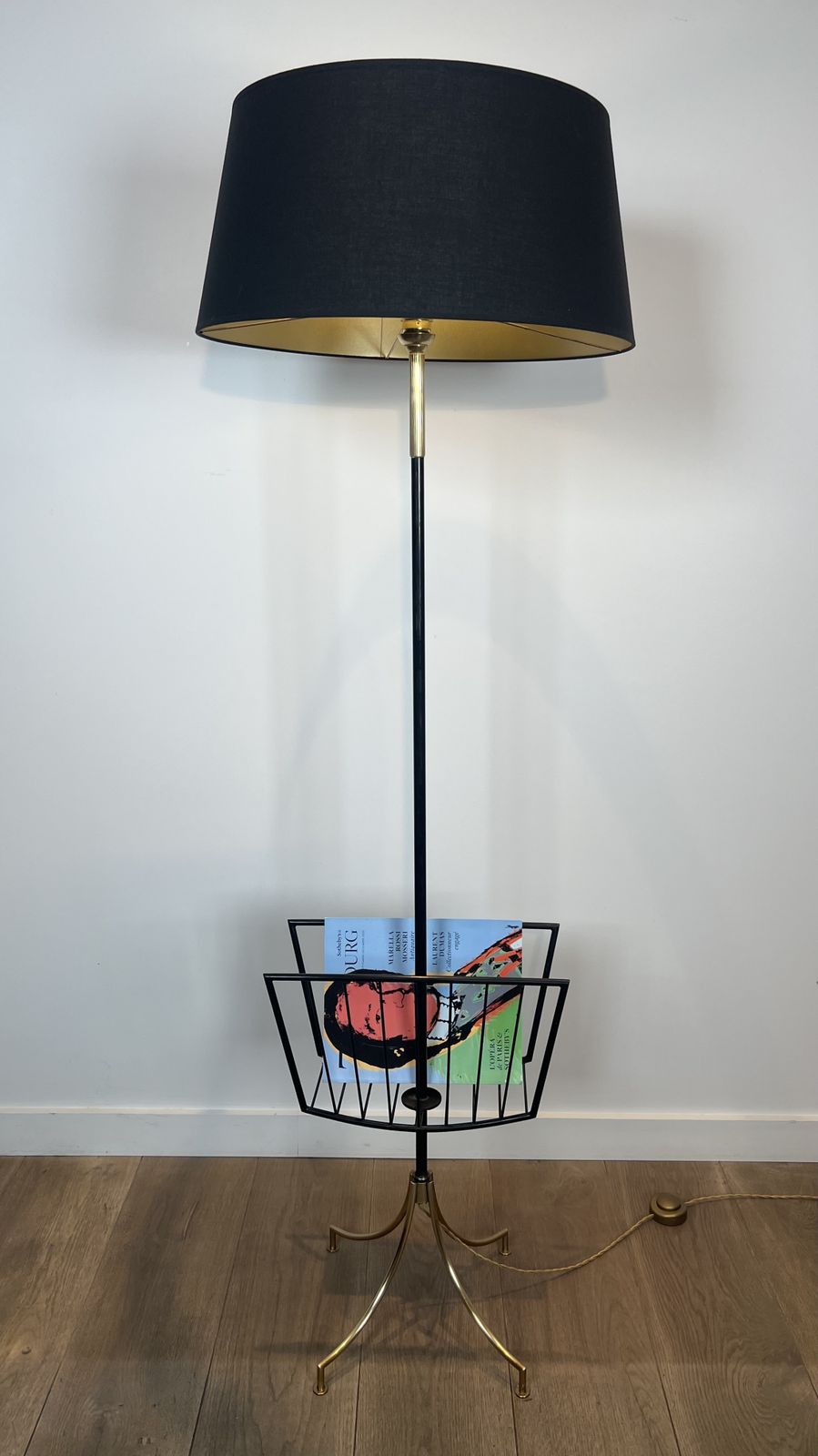 2950.0 Designer Floor Lamp In Black Lacquered Metal And Brass With Incorporating A Magazine Rack photo