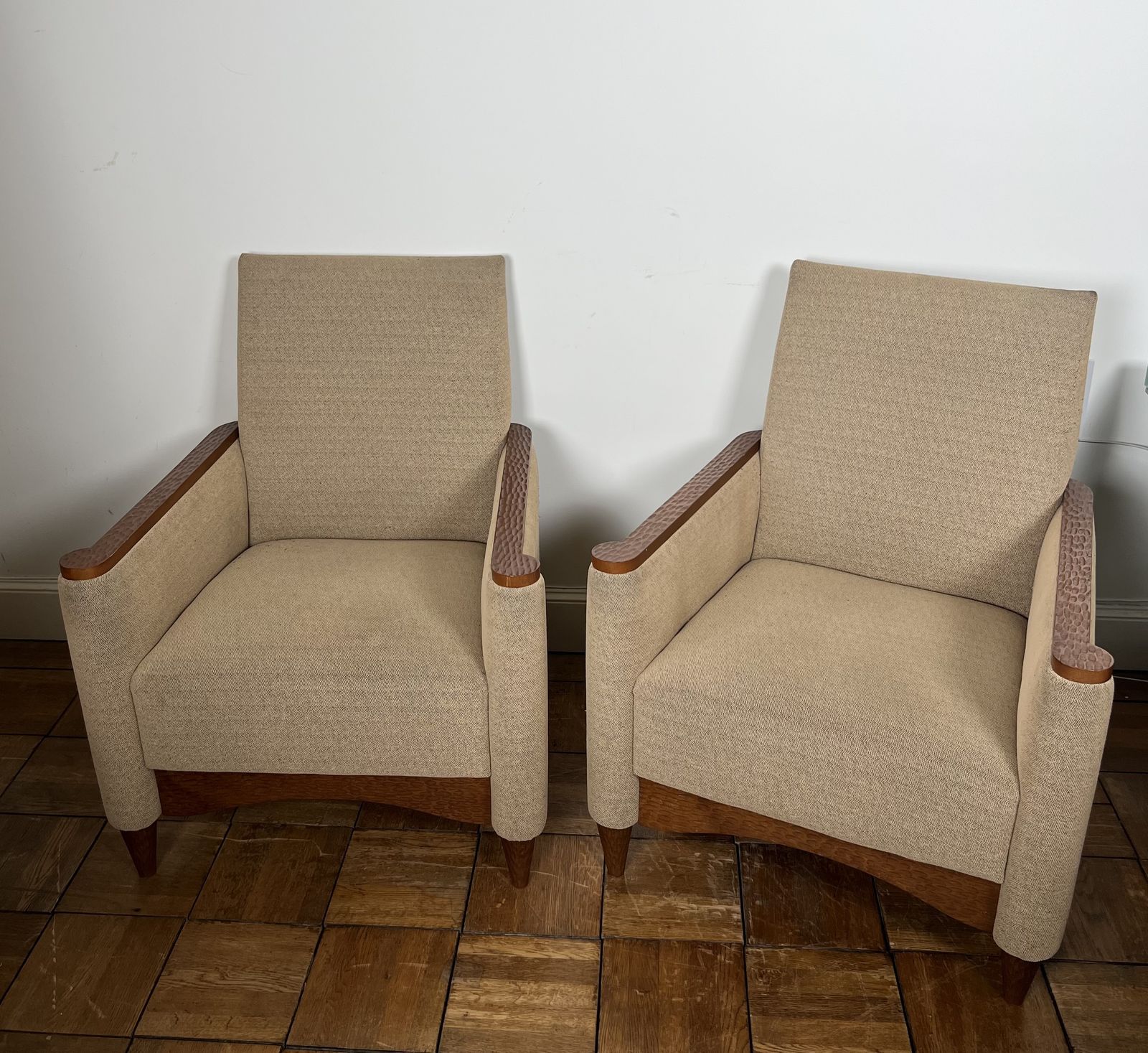 Pair Of Armchairs In Gouged Wood And Mottled Fabric photo furniture