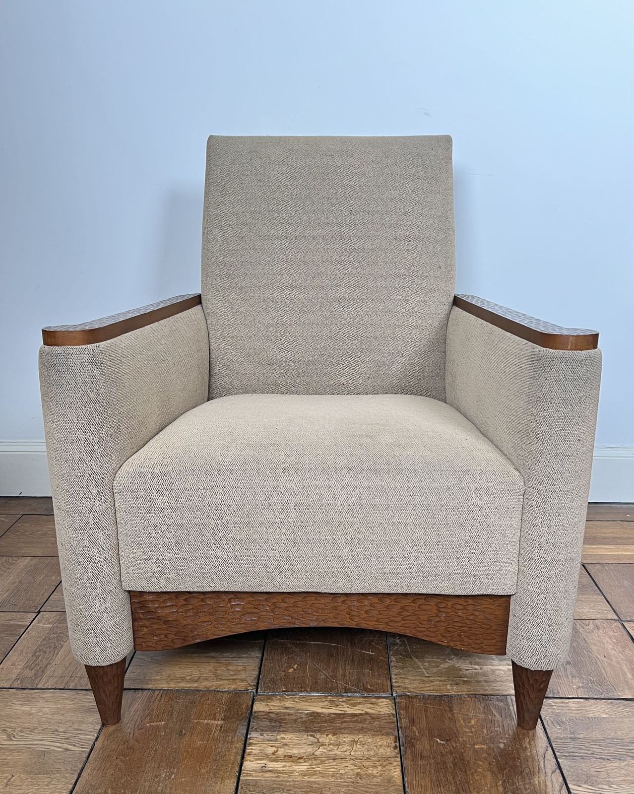 photo for sale Pair Of Armchairs In Gouged Wood And Mottled Fabric