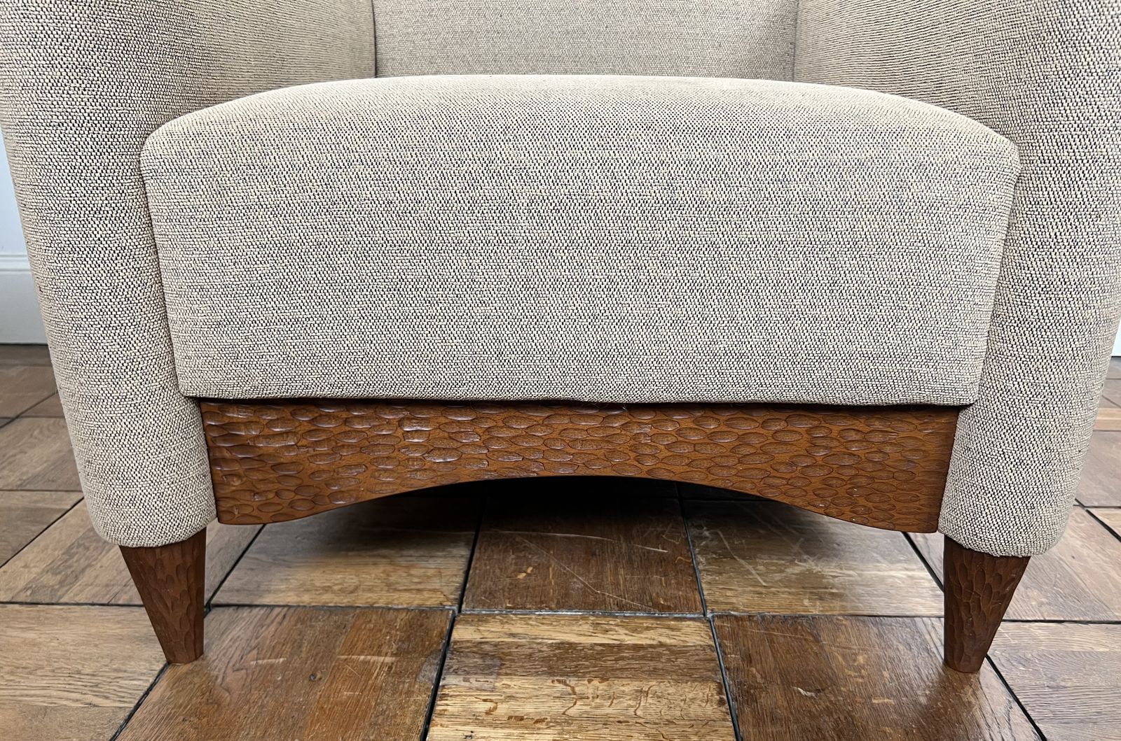 Furniture Pair Of Armchairs In Gouged Wood And Mottled Fabric photo