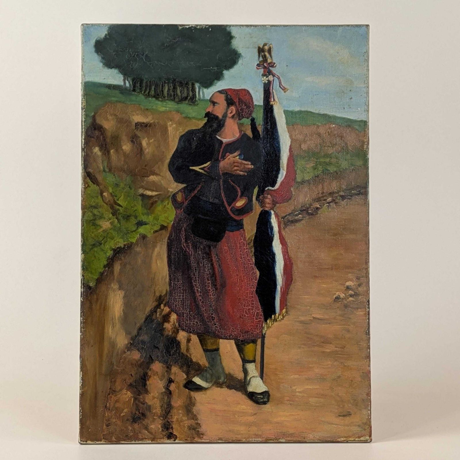French Zouave Soldier Painting Antique Military Art Circa 1900 Collectible Wall Hanging, Old Gallery Wall Art, Rustic Militaria Folk Art photo vintage