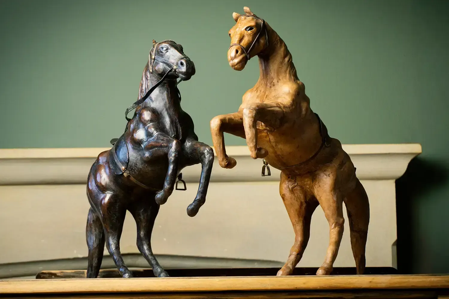 Pair Of 19th Century French Leather Horse Sculptures In Dynamic Rearing Pose