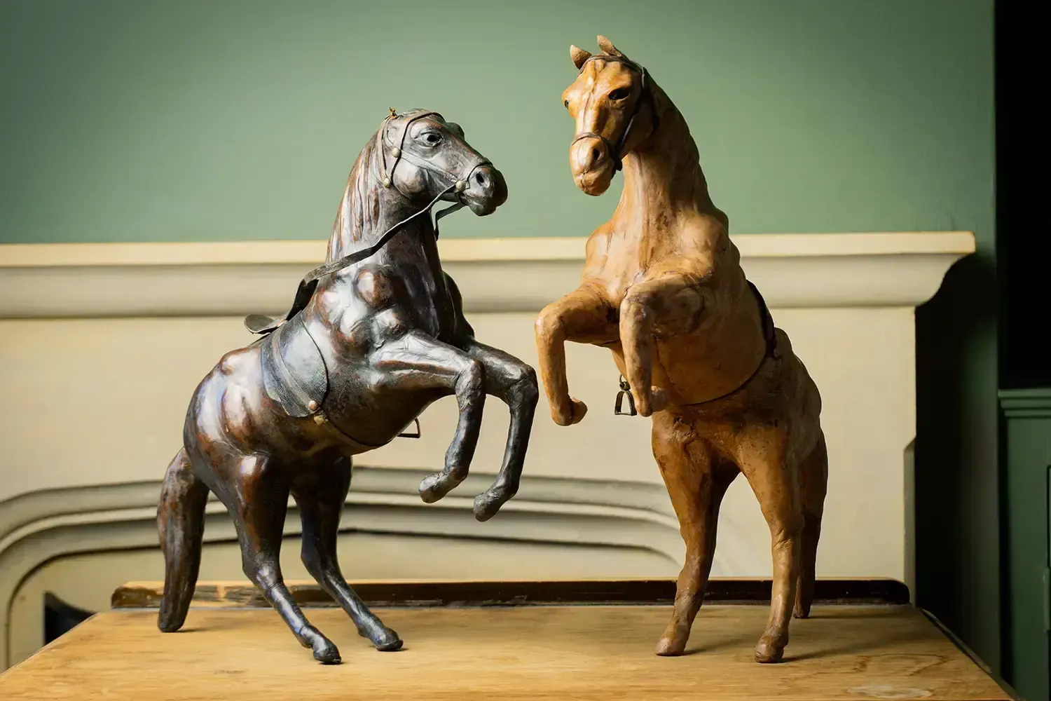 Pair Of 19th Century French Leather Horse Sculptures In Dynamic Rearing Pose photo for sale