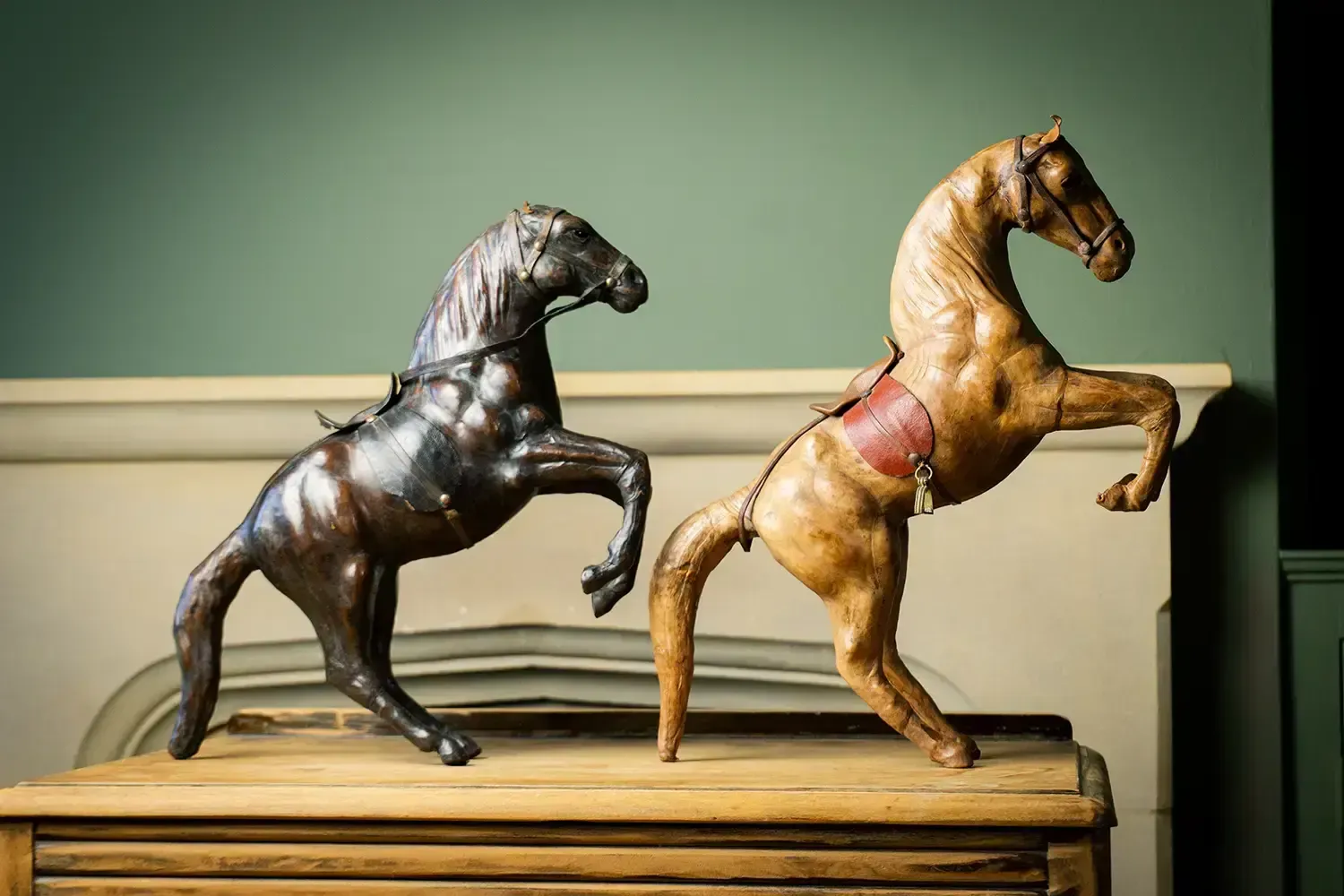 Art Pair Of 19th Century French Leather Horse Sculptures In Dynamic Rearing Pose photo