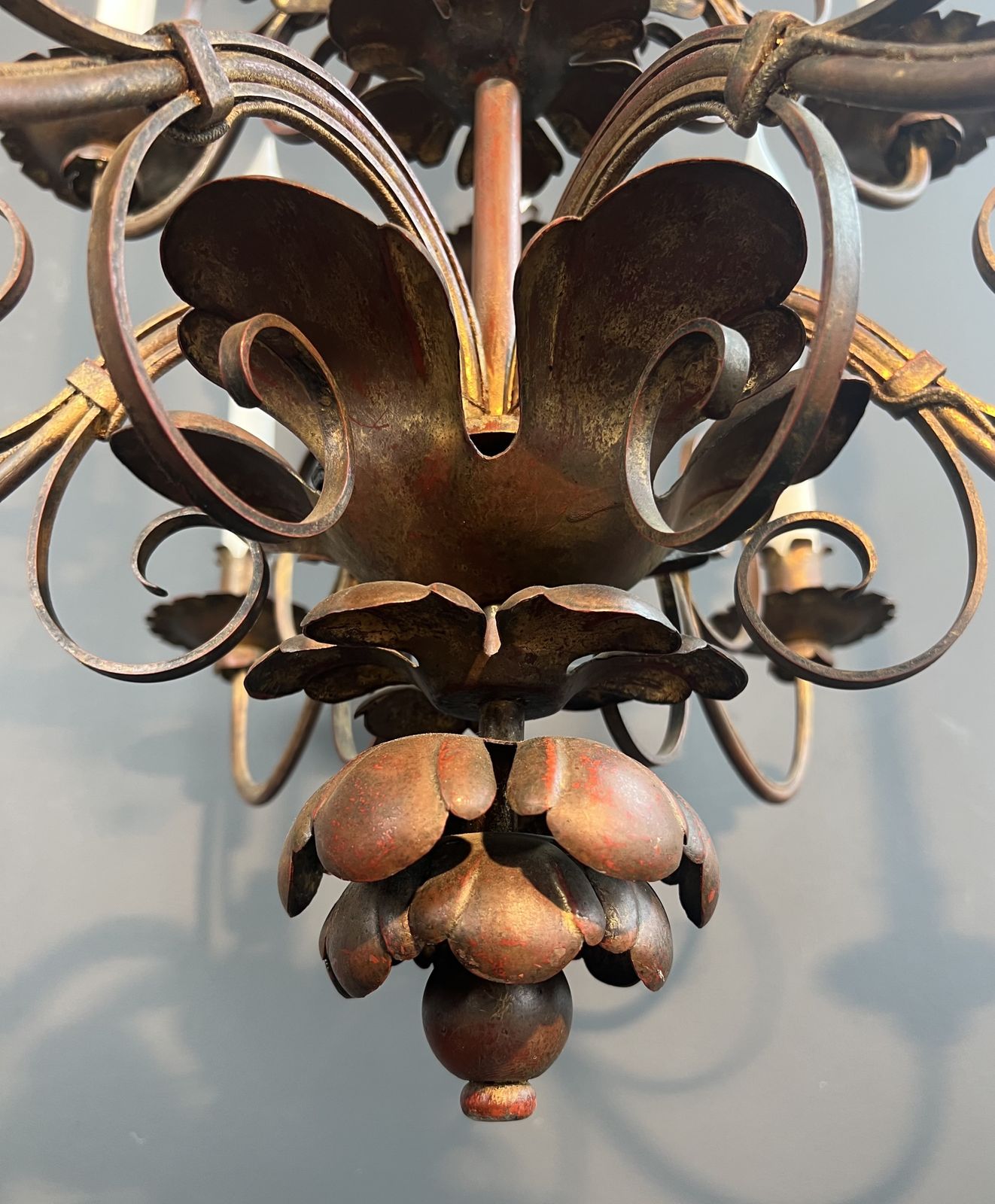 photo for sale Important 2 Tier Gold Metal Chandelier With 12 Light Arms In The Style Of Maison Baguès