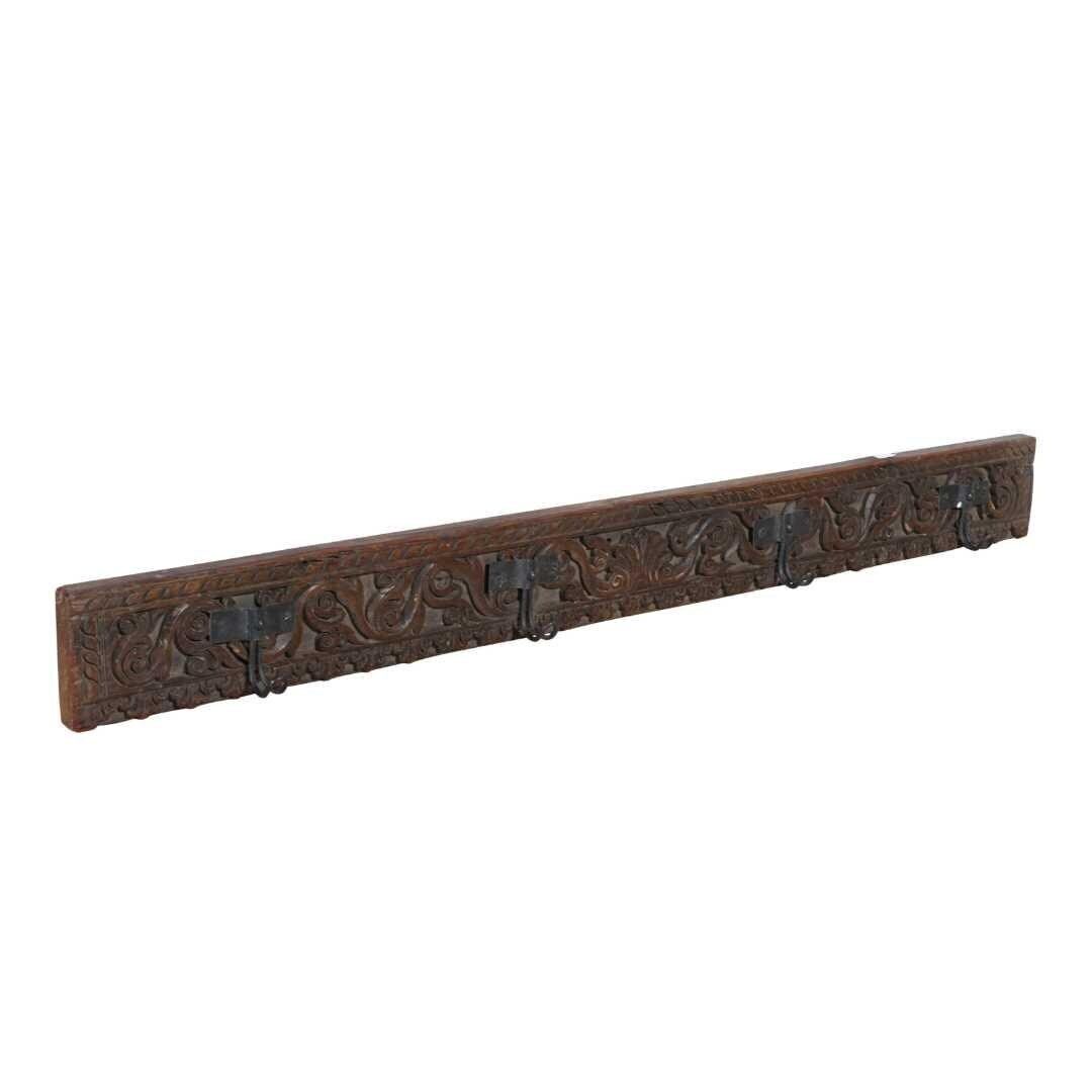 Antique Mahogany Teak & Black Iron Coat Hook Panel, Vintage Indian Carved Wall Rack